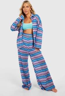 Zig Zag Gebreide Broek Met Wijde Pijpen Voor Op Het Strand, Blue