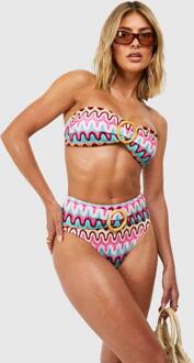 Zig Zag Gebreide O-Ring Bandeau Bikini Top, Pink - 36