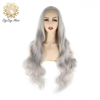 Zigzag Silver Grey Body Wave Synthetische Lace Front Pruik Voor Witte Vrouwen Lange Middelste Deel Pruik Natuurlijke Haarlijn Hittebestendige fiber 24 inches