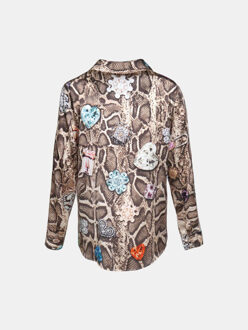 Zijden blouse blouse livorno beige met slangenprint en kleurrijke broches - maat XL