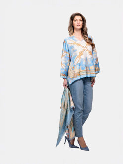 Zijden blouse seta ketting en kwasten print - maat S Blauw