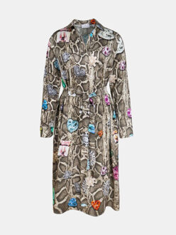 Zijden jurk lerici beige met slangenprint en kleurrijke broches - XXL