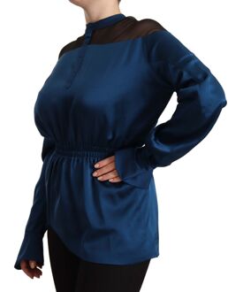 Zijden Satijnen Blouse Hoge Hals Lange Mouwen Donkerblauw