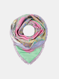 Zijden sjaal st. tropez xs franjes groen met roze patchwork Veelkleurig - One size