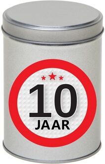 Zilver bewaarblik/opbergblik 13 cm met 10 jaar sticker - Cadeaudoosjes Zilverkleurig