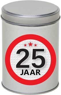 Zilver bewaarblik/opbergblik 13 cm met 25 jaar sticker - Cadeaudoosjes Zilverkleurig