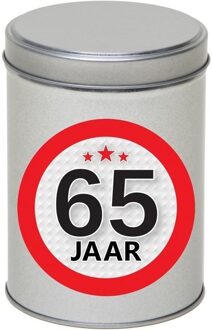 Zilver bewaarblik/opbergblik 13 cm met 65 jaar sticker - Cadeaudoosjes Zilverkleurig