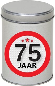 Zilver bewaarblik/opbergblik 13 cm met 75 jaar sticker - Cadeaudoosjes Zilverkleurig