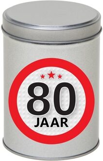 Zilver bewaarblik/opbergblik 13 cm met 80 jaar sticker - Cadeaudoosjes Zilverkleurig