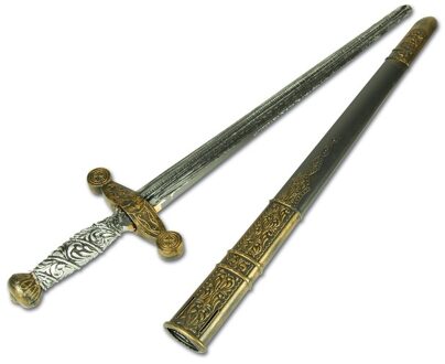 Zilver middeleeuws ridder zwaard in gouden schede 45 cm