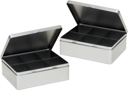 Zilveren 6- 2x stuks -vaks theedoos/theekist - 20 x 16 x 7 cm - Keuken accessoires - Theezakjes bewa