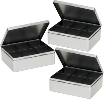 Zilveren 6- 3x stuks -vaks theedoos/theekist - 20 x 16 x 7 cm - Keuken accessoires - Theezakjes bewa