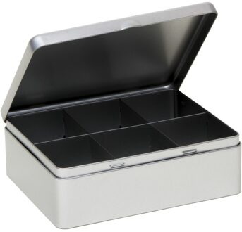 Zilveren 6-vaks theedoos/theekist - 20 x 16 x 7 cm - Keuken accessoires - Theezakjes bewaarblik