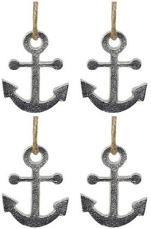 Zilveren anker hangertjes - 4x - aan jute touw - 6 cm - Maritieme decoraties - kerstboom hangers