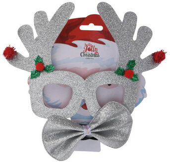 Zilveren kerst feestbril met vlinderstrikje 17 cm Kerstaccessoires