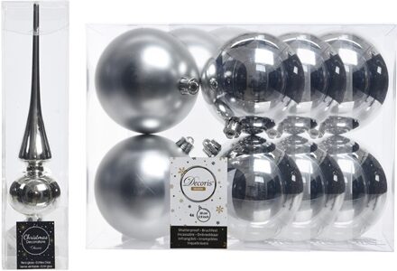 Zilveren kerstversiering/kerstdecoratie set piek en 12x kerstballen 10 cm glans/mat - Kerstbal Zilverkleurig