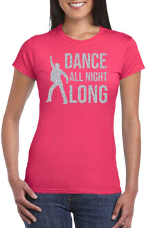 Zilveren muziek t-shirt / shirt Dance all night long - roze - voor dames - muziek shirts / discothema / 70s / 80s / outfit XS