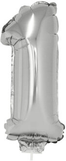 Zilveren opblaas cijfer ballon 1 op stokje 41 cm - Ballonnen Zilverkleurig