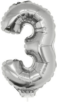 Zilveren opblaas cijfer ballon 3 op stokje 41 cm - Ballonnen Zilverkleurig