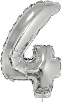 Zilveren opblaas cijfer ballon - 4 jaar - op stokje - H41 cm - Leeftijd versiering