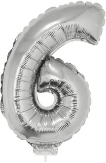 Zilveren opblaas cijfer ballon - 6 jaar - op stokje - H41 cm - Leeftijd versiering