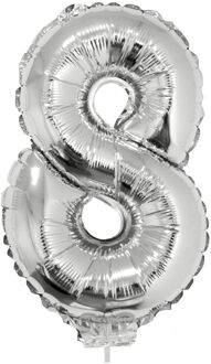 Zilveren opblaas cijfer ballon - 8 jaar - op stokje - H41 cm - Leeftijd versiering