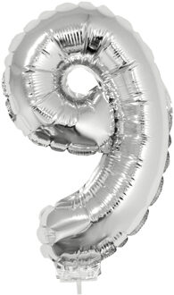 Zilveren opblaas cijfer ballon - 9 jaar - op stokje - H41 cm - Leeftijd versiering