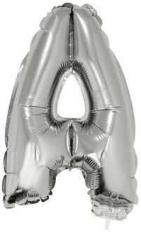 Zilveren opblaas letter ballon A op stokje 41 cm - Ballonnen Zilverkleurig