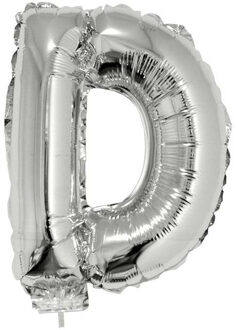 Zilveren opblaas letter ballon D op stokje 41 cm - Ballonnen Zilverkleurig