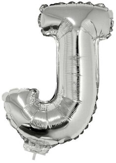 Zilveren opblaas letter ballon J op stokje 41 cm - Ballonnen Zilverkleurig