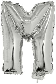 Zilveren opblaas letter ballon M op stokje 41 cm - Ballonnen Zilverkleurig