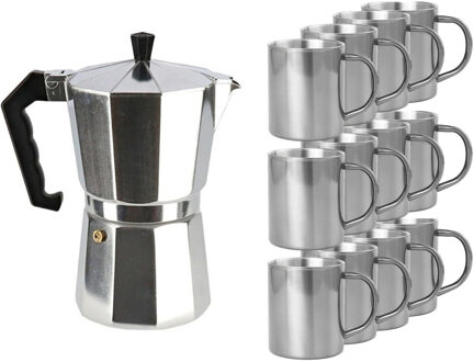Zilveren percolator/espresso koffie apparaat met 12x RVS kopjes - Koffiezetapparaat met mokken - Koffiepercolator