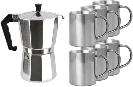 Zilveren percolator/espresso koffie apparaat met 6x RVS kopjes - Koffiezetapparaat met mokken - Koffiepercolator
