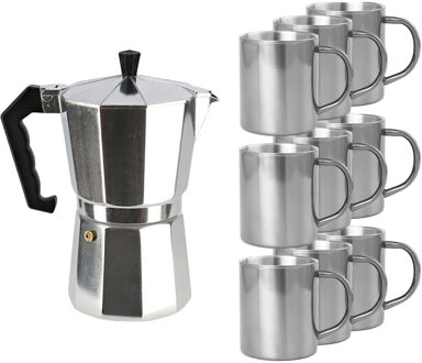 Zilveren percolator/espresso koffie apparaat met 9x RVS kopjes - Koffiezetapparaat met mokken - Koffiepercolator