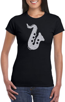 Zilveren saxofoon / muziek t-shirt / kleding - zwart - voor dames - muziek shirts / muziek liefhebber / jazz / saxofonisten outfit S
