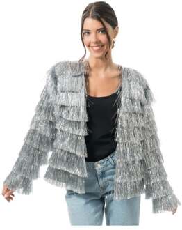 Zilveren Tinsel Festival Jas Dames Zilver - Grijs