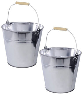 Zinken emmer/plantenpot - Set van 2x stuks - zilver - 12 liter - met houten handvat