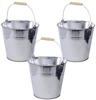 Zinken emmer/plantenpot - Set van 3x stuks - zilver - 12 liter - met houten handvat