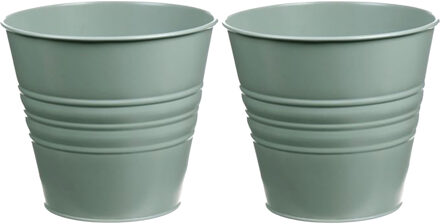 Zinken emmertje/bloempotje - 2x - groen - D16 x H13 cm - plantenpotten