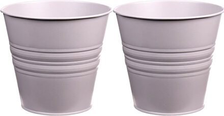 Zinken emmertje/bloempotje - 2x - lichtgrijs - D14 x H12 cm - plantenpotten