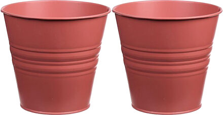 Zinken emmertje/bloempotje - 2x - steenrood - D14 x H12 cm - plantenpotten