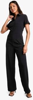 Zip Front Wide Leg Jumpsuit, Black - 38