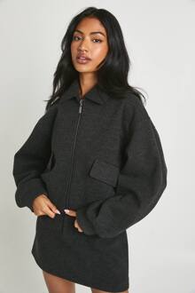 Zip Front Wool Look Bomber Jacket, Grey - 44