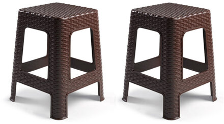 zit/bijzet krukje - 2x - Rotan line - donkerbruin - kunststof - 28 x 28 x 45 cm