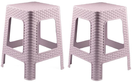 zit/bijzet krukje - 2x - Rotan line - roze - kunststof - 28 x 28 x 45 cm