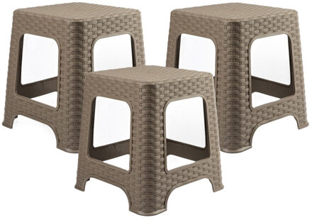 zit/bijzet krukje - 3x - Rotan line - taupe - kunststof - 32 x 32 x 30 cm - kinder kruk