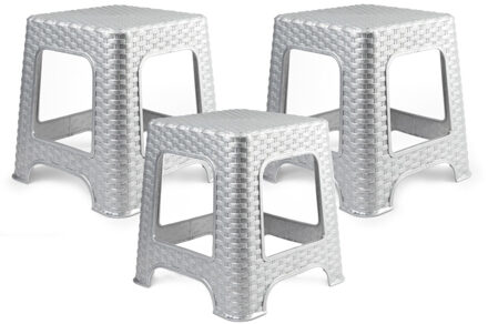 zit/bijzet krukje - 3x - Rotan line - zilvergrijs - kunststof - 32 x 32 x 30 cm - kinde