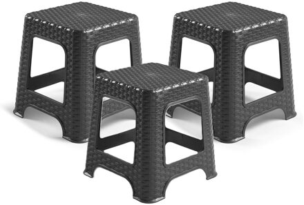 zit/bijzet krukje - 3x - Rotan line - zwart - kunststof - 32 x 32 x 33 cm - kinder kruk