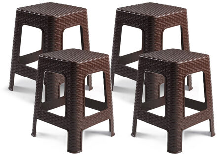 zit/bijzet krukje - 4x - Rotan line - donkerbruin - kunststof - 28 x 28 x 45 cm