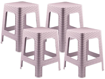 zit/bijzet krukje - 4x - Rotan line - roze - kunststof - 28 x 28 x 45 cm